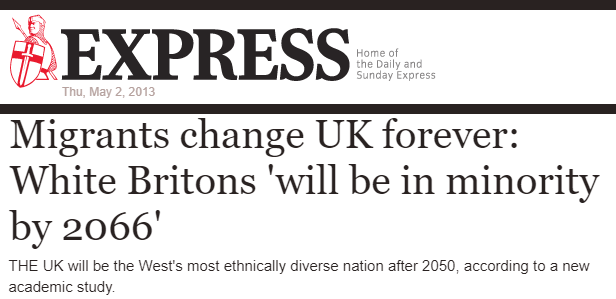 Daily Express: "Migrants change UK forever: White Britons 'will be in minority by 2066'" - The UK will be the West's most ethnically diverse nation after 2050, according to a new academic stud.y