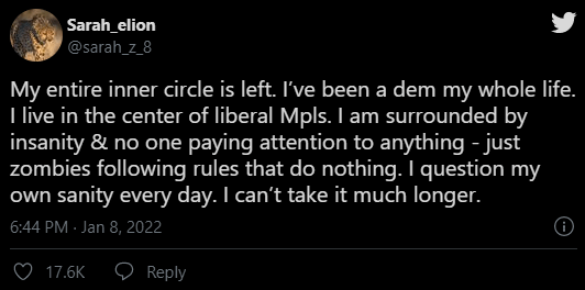 Tweet screenshot: "My entire inner circle is left. I've been a dem my whole life. I live in the center of liberal Mpls. I am surrounded by insanity & no one paying attention to anything - just zombies following rules that do nothing. I question my own sanity every day. I can't take it much longer."