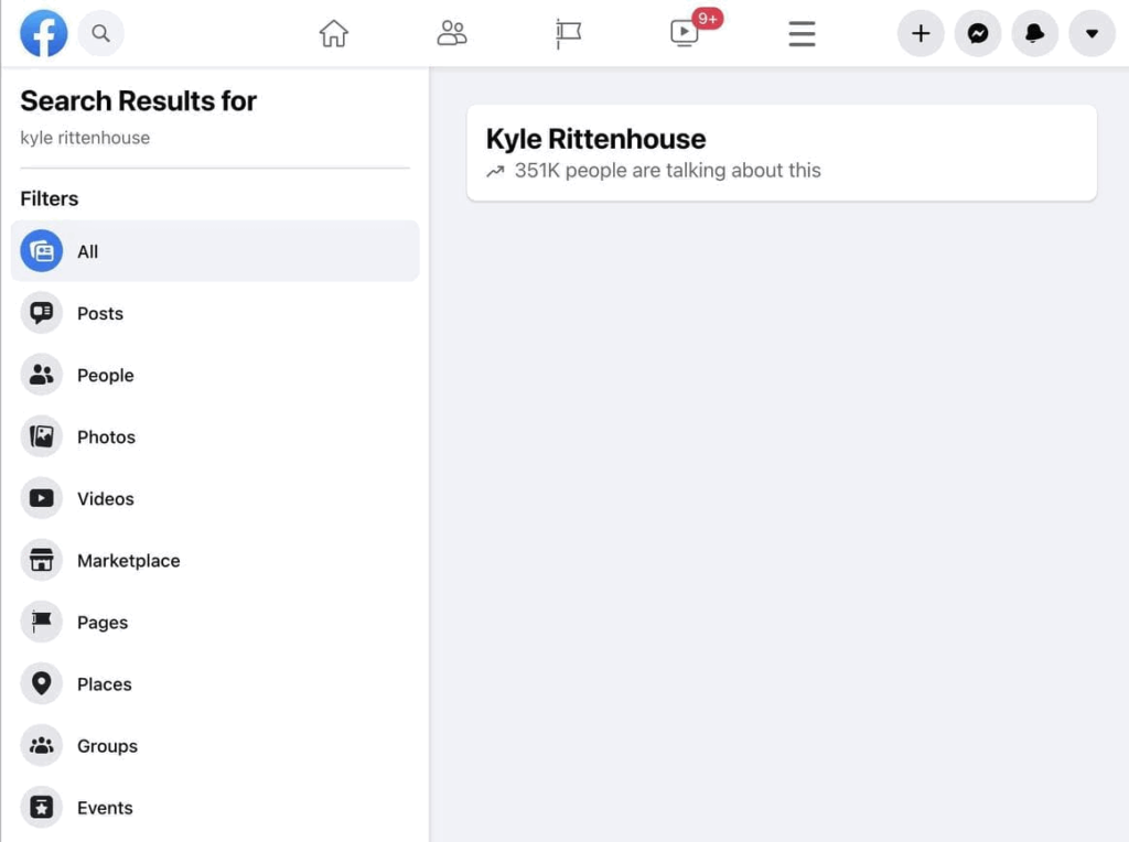 Screenshot from Facebook search results, revealing the social media company censoring results: "Kyle Rittenhouse"