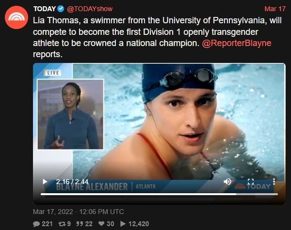 Tweet from @TodayShow: Lia Thomas, a swimmer from the University of Pennsylvania, will compete to become the first Division 1 openly transgender athlete to be crowned a national champion. @ReporterBlayne reports.
